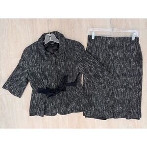 Talbots Petites Tweed Skirt Suit Set 2P 4P Black White Textured Bow Jacket